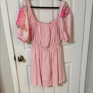 Pink Puff Sleeve Dress with Embellishments